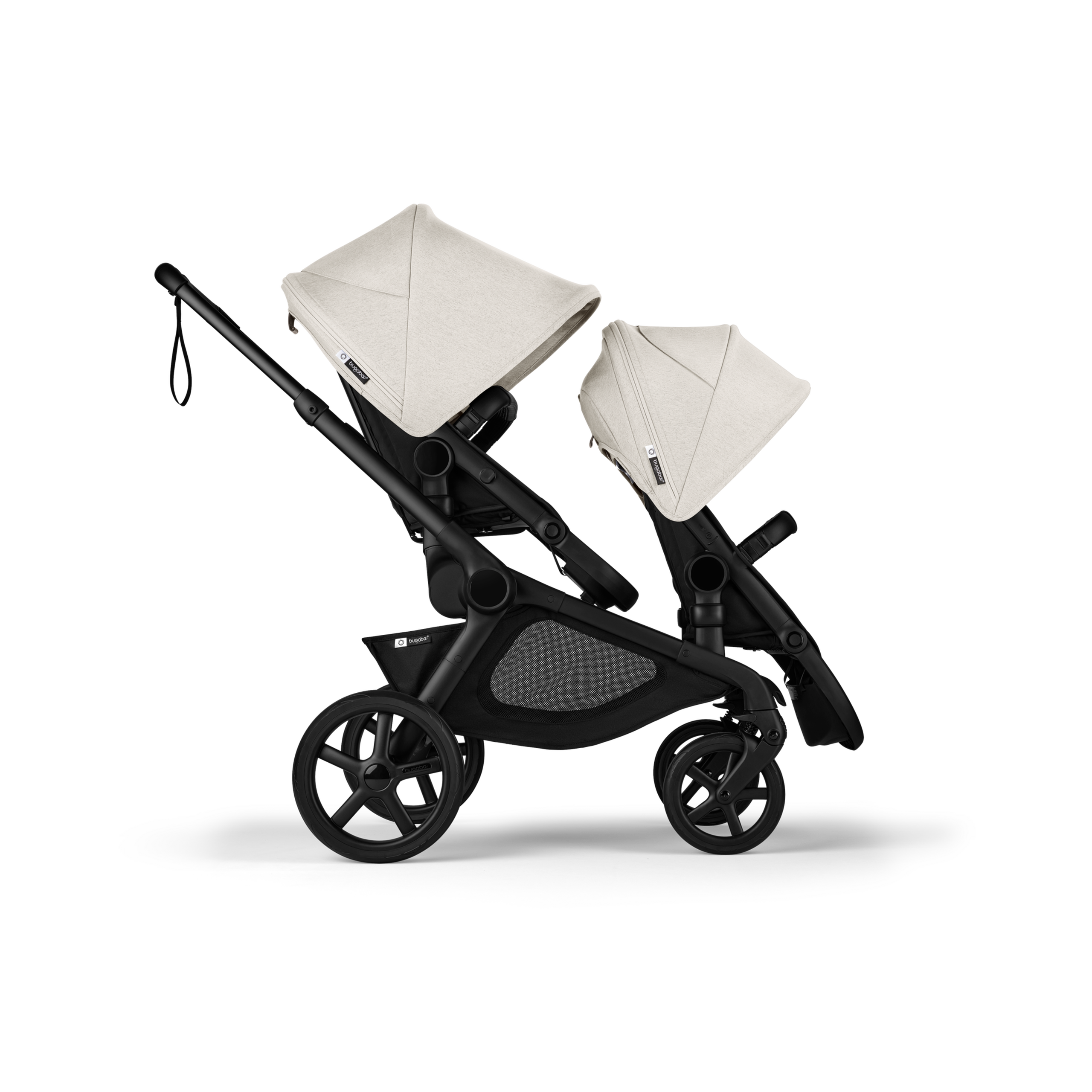 Bugaboo Kangaroo tandem stroller black base, midnight black fabrics, misty white sun canopy - Thumbnail Slide 3 of 18