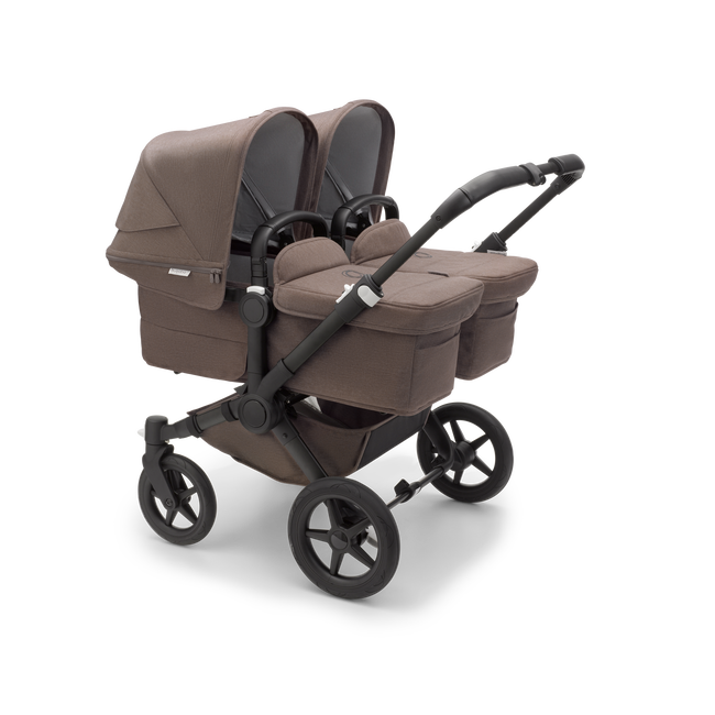Bugaboo Donkey 5 Twin bassinet and seat stroller black base, mineral taupe fabrics, mineral taupe sun canopy