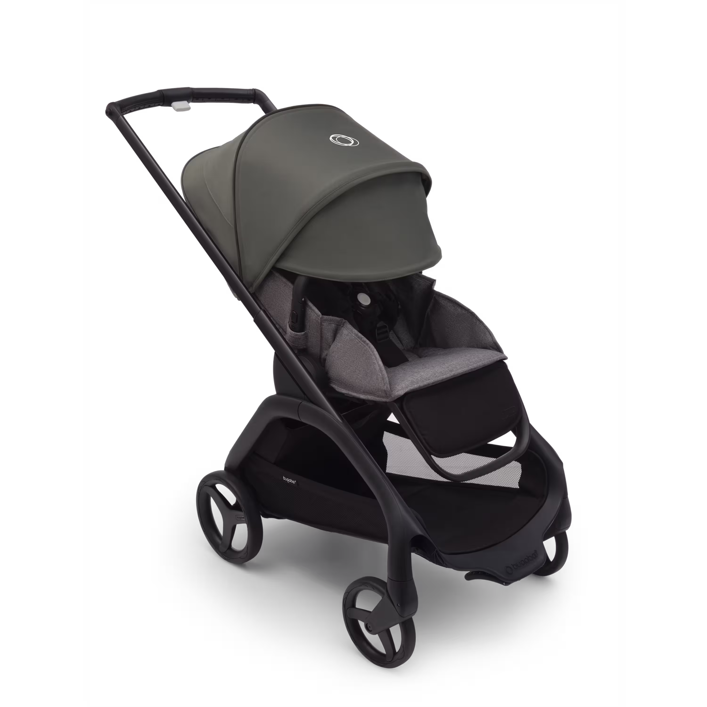 Bugaboo Dragonfly seat stroller with black chassis, grey melange fabrics and forest green sun canopy. The sun canopy is fully extended. - Main Modal Image Slide 3 of 16