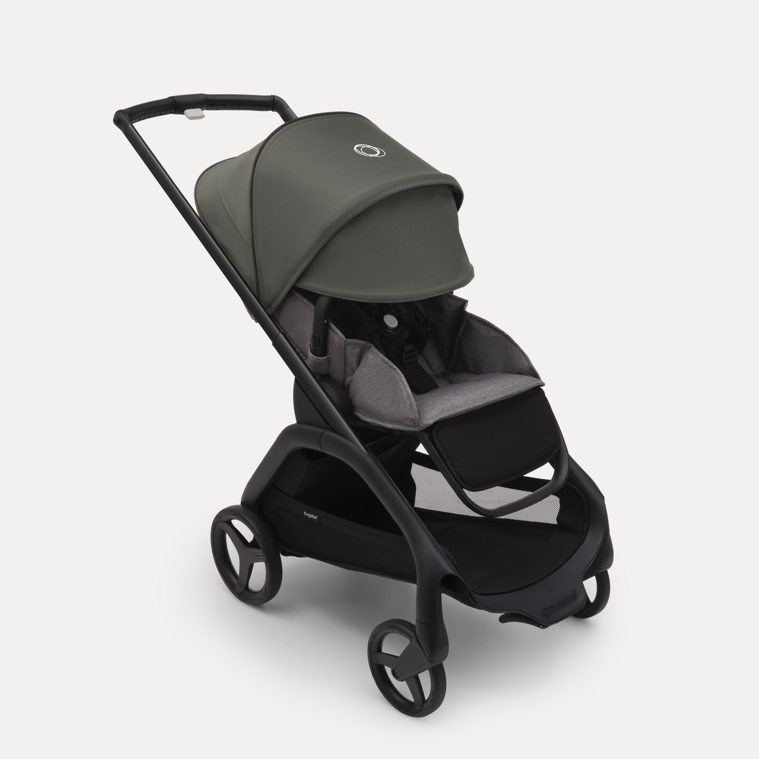 Bugaboo Dragonfly seat stroller with black chassis, grey melange fabrics and forest green sun canopy. The sun canopy is fully extended. - Main Modal Image Slide 3 of 16