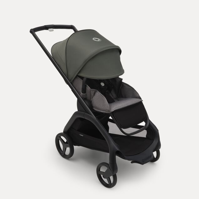 Bugaboo Dragonfly seat stroller with black chassis, grey melange fabrics and forest green sun canopy. The sun canopy is fully extended. - Main Image Slide 3 of 16