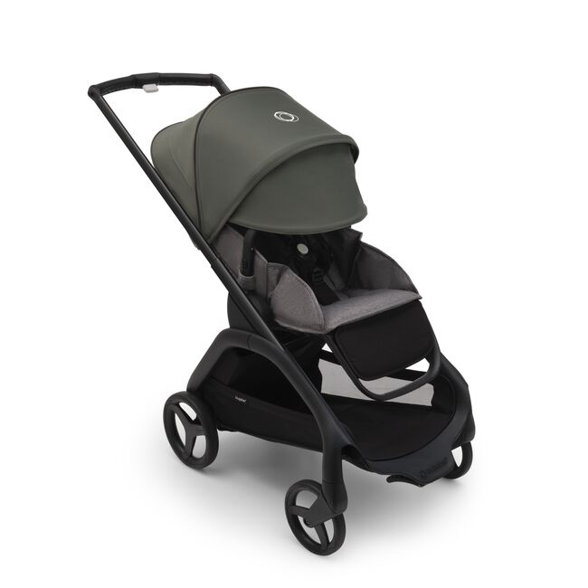 Bugaboo Dragonfly seat stroller with black chassis, grey melange fabrics and forest green sun canopy. The sun canopy is fully extended. - Main Image Slide 4 of 18