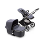 Bugaboo Fox 3 bassinet and seat stroller with graphite frame, stormy blue fabrics, and stormy blue sun canopy.
