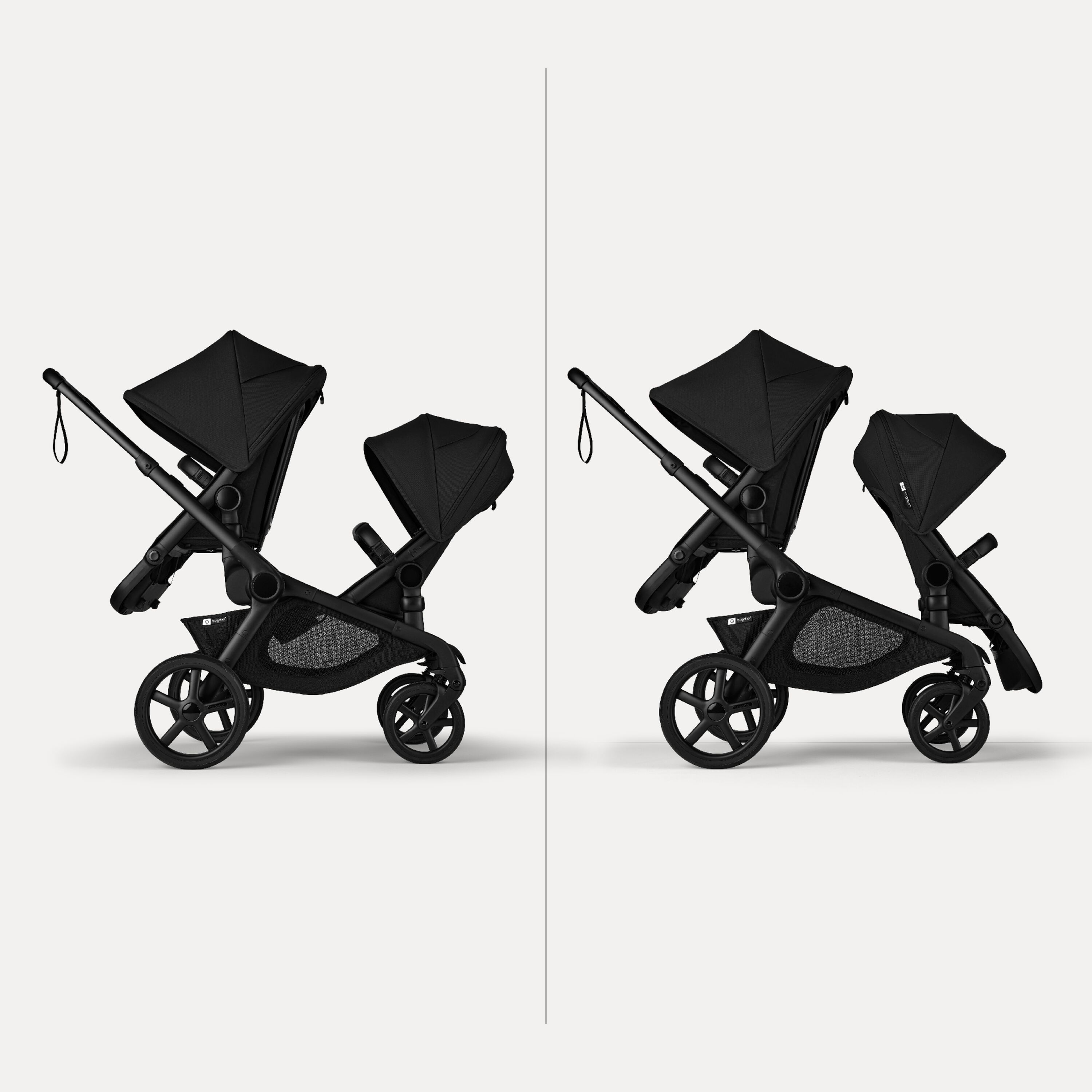 Two Bugaboo Kangaroo 2-in-1 tandem strollers side by side. The left one has two seats facing the parent. The right one has one seat facing the parent and one seat facing the world. - Main Modal Image Slide 10 of 18