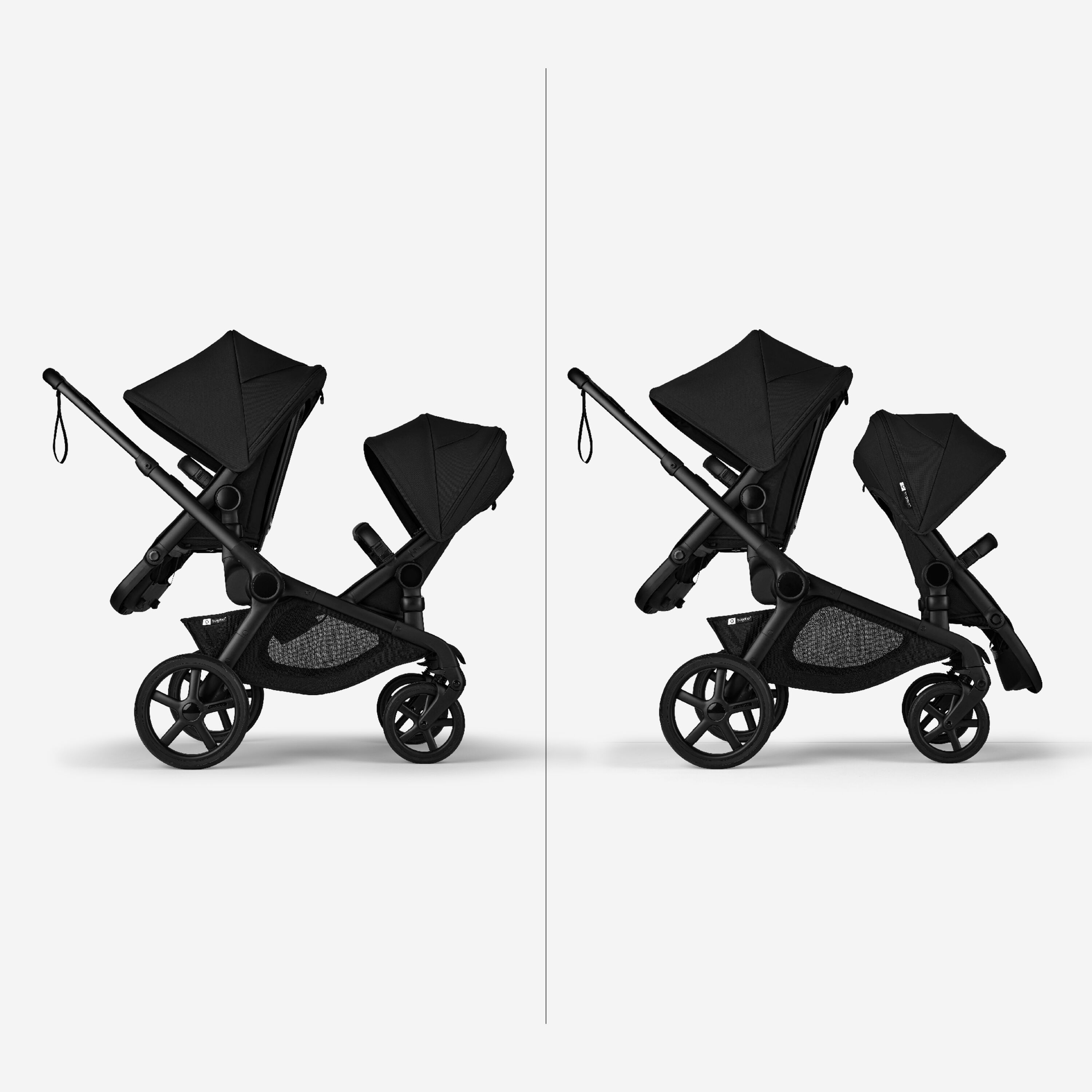 Two Bugaboo Kangaroo 2-in-1 tandem strollers side by side. The left one has two seats facing the parent. The right one has one seat facing the parent and one seat facing the world. - Main Modal Image Slide 10 of 18