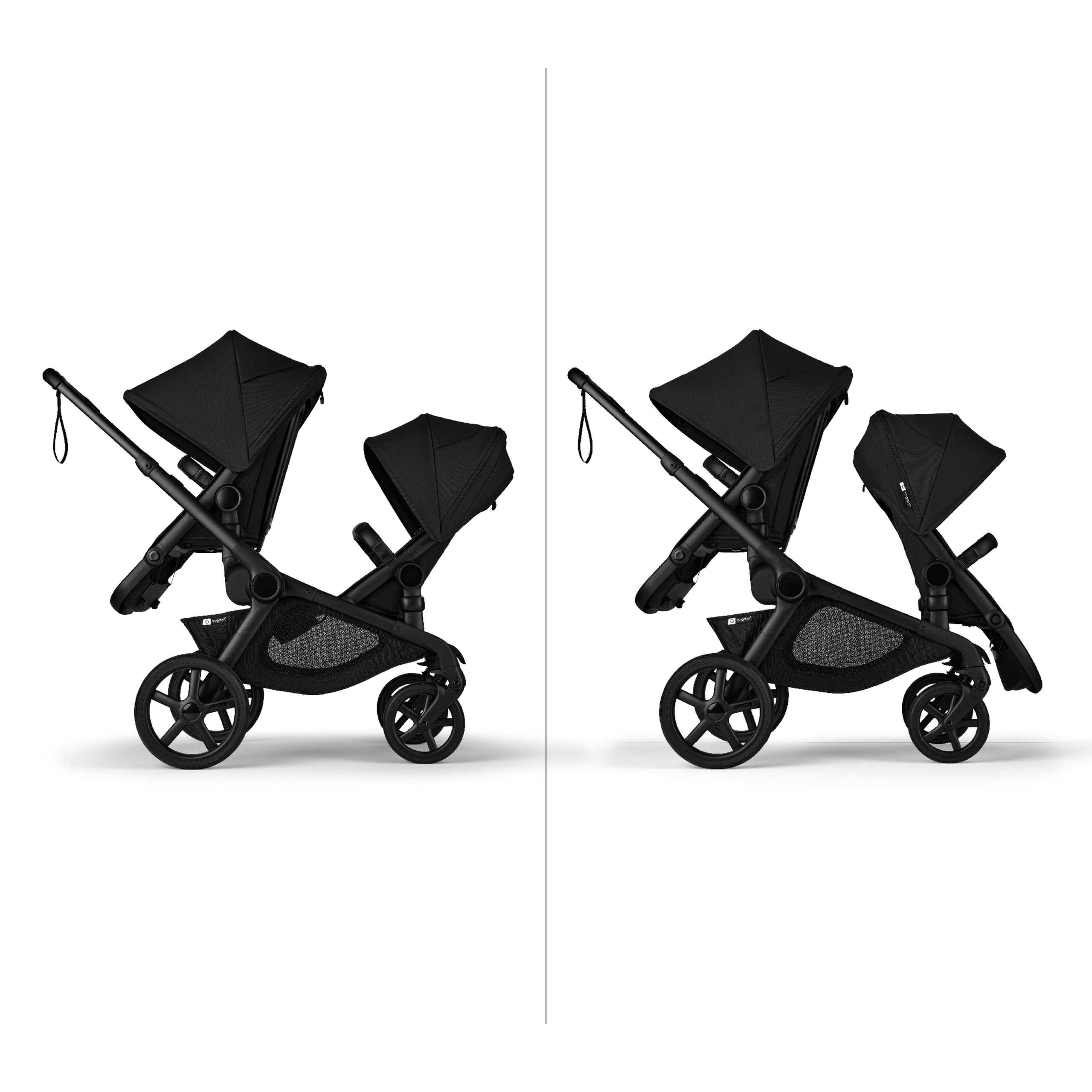 Two Bugaboo Kangaroo 2-in-1 tandem strollers side by side. The left one has two seats facing the parent. The right one has one seat facing the parent and one seat facing the world. - Thumbnail Slide 11 of 18
