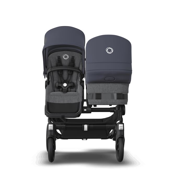 Bugaboo Donkey 5 Duo bassinet and seat stroller black base, grey mélange fabrics, stormy blue sun canopy