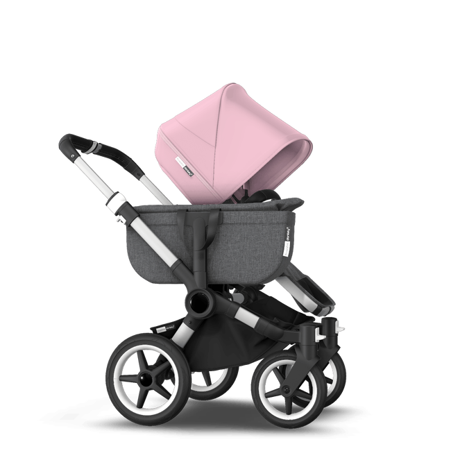 Bugaboo Donkey 3 Mono seat and bassinet stroller soft pink sun canopy, grey melange fabrics, aluminium base