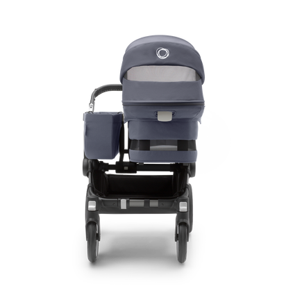 Bugaboo Donkey 5 Mono seat stroller with graphite chassis, stormy blue fabrics and stormy blue sun canopy.