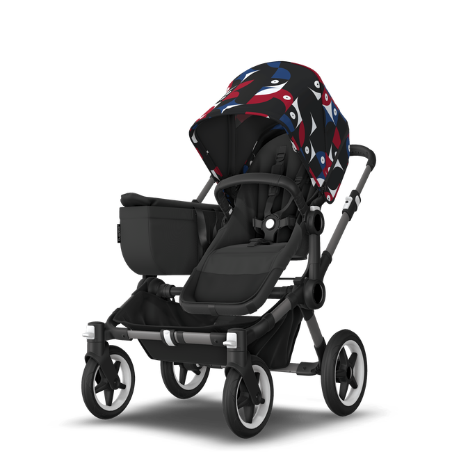 Bugaboo Donkey 5 Mono bassinet and seat stroller graphite base, midnight black fabrics, animal explorer red/ blue sun canopy