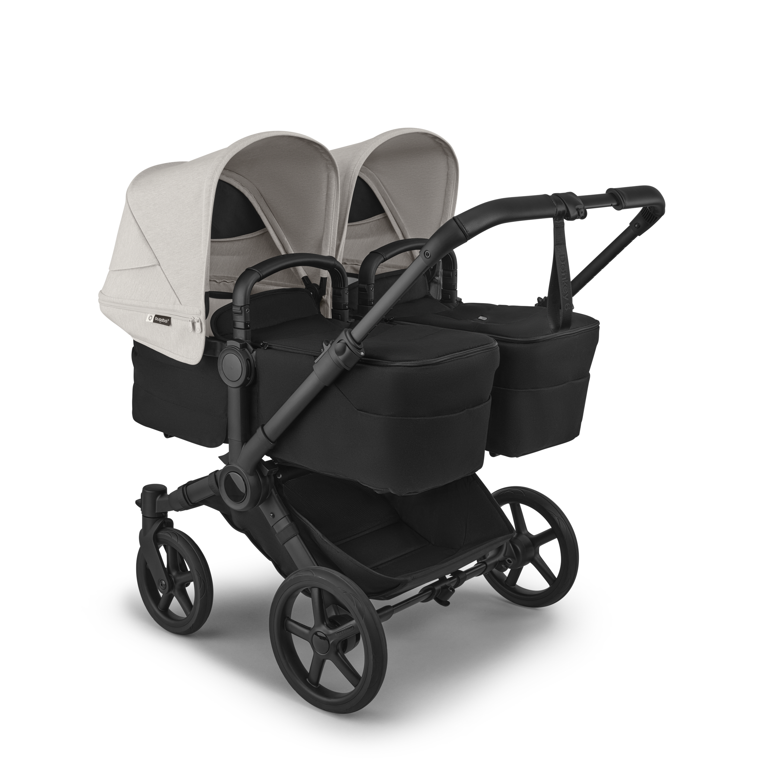 Bugaboo Donkey 6 twin stroller black base, heritage black fabrics, misty white sun canopy view 1 - Thumbnail Slide 1 of 9
