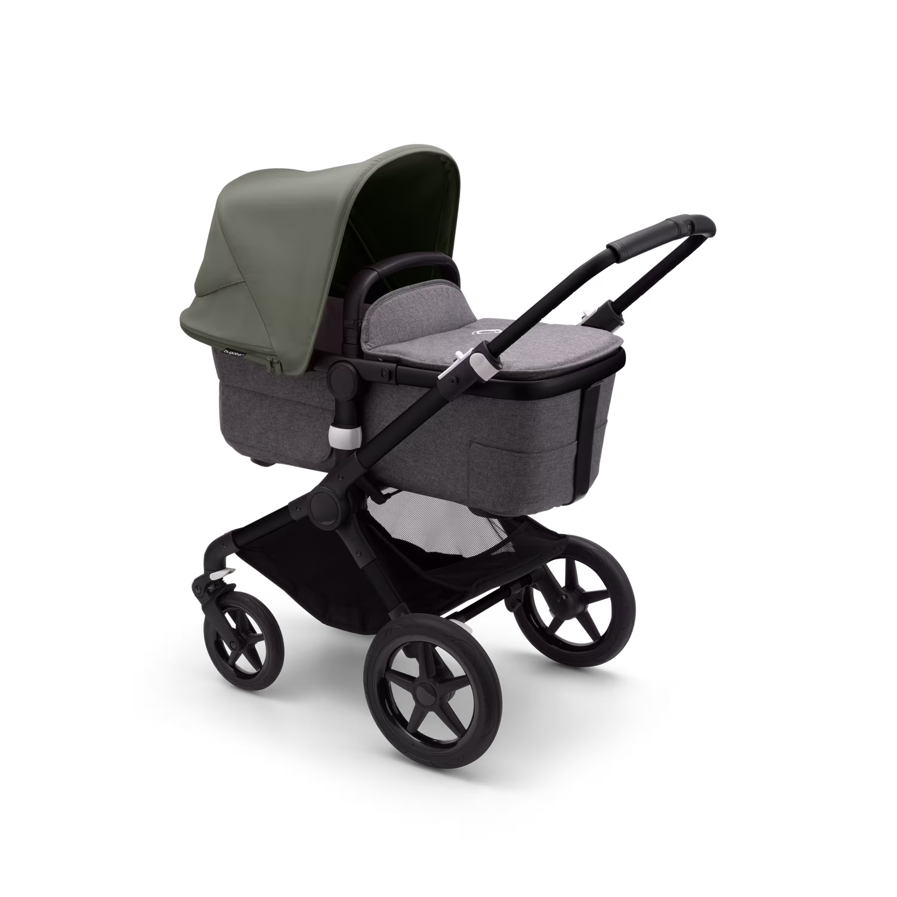 Bugaboo Fox 3 bassinet stroller with black frame, grey melange fabrics, and forest green sun canopy. - Main Modal Image Slide 2 of 7