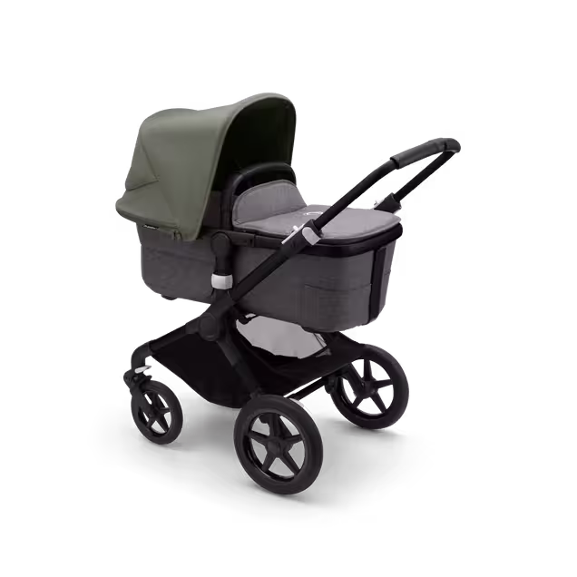 Bugaboo Fox 3 bassinet stroller with black frame, grey melange fabrics, and forest green sun canopy. - Main Image Slide 2 of 7