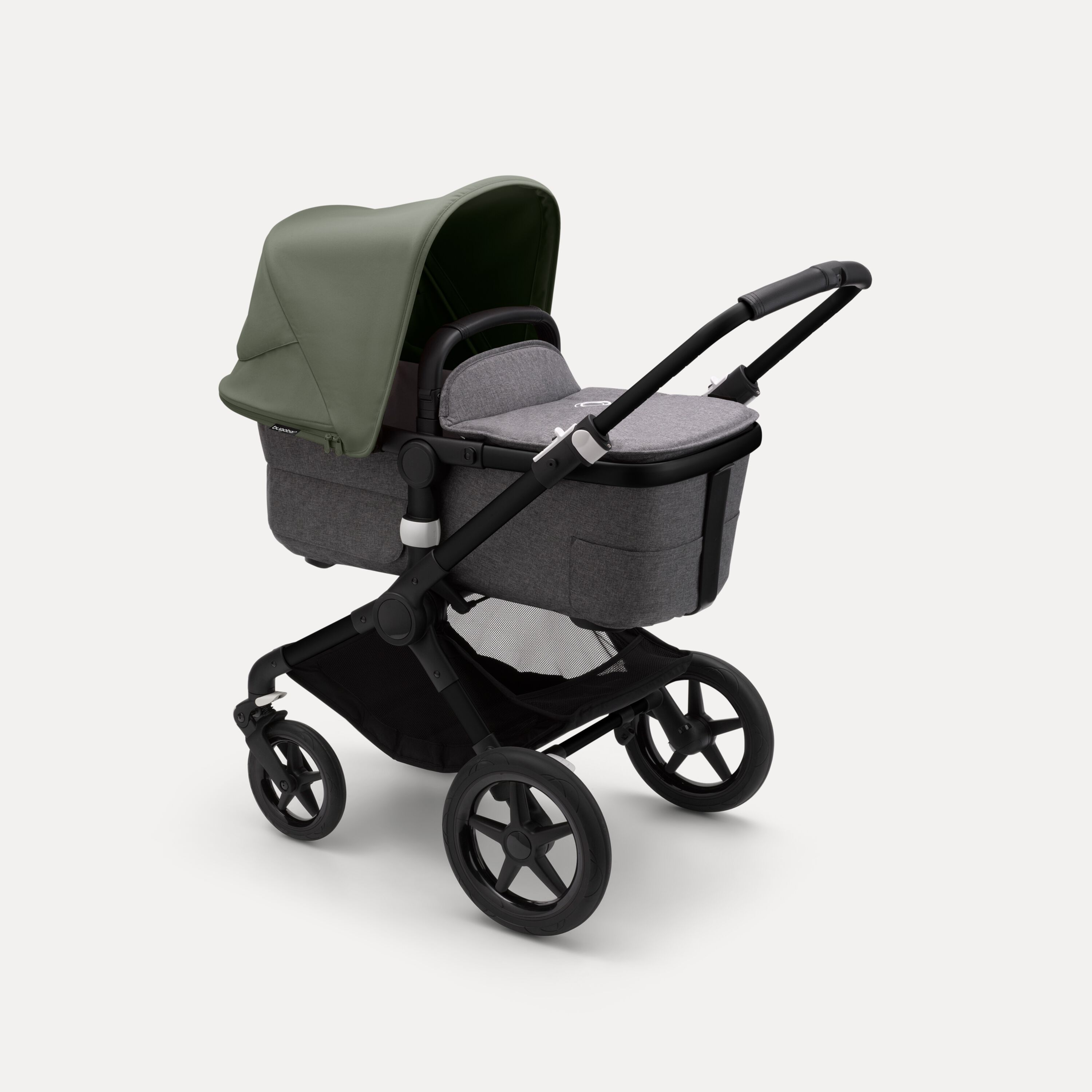 Bugaboo Fox 3 bassinet stroller with black frame, grey melange fabrics, and forest green sun canopy. - Main Modal Image Slide 2 of 7