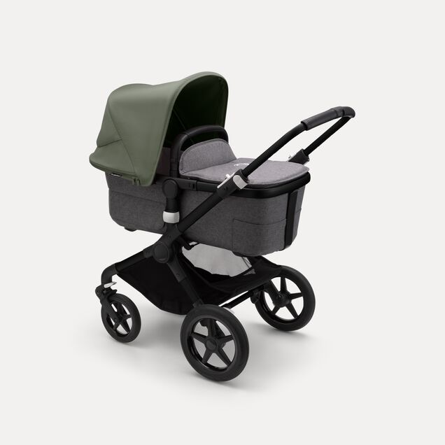 Bugaboo Fox 3 bassinet stroller with black frame, grey melange fabrics, and forest green sun canopy. - Main Image Slide 2 of 7