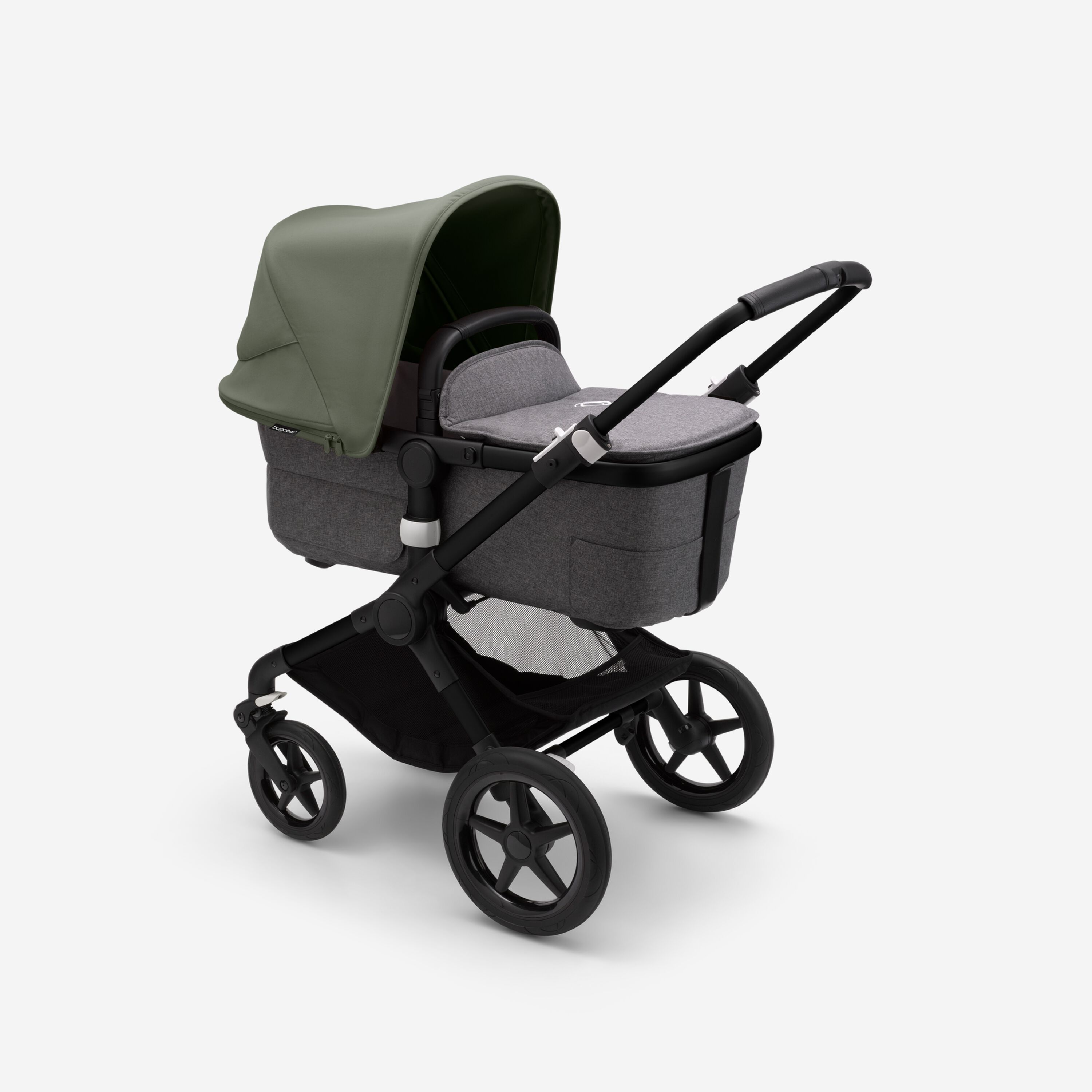 Bugaboo Fox 3 bassinet stroller with black frame, grey melange fabrics, and forest green sun canopy. - Main Modal Image Slide 2 of 7