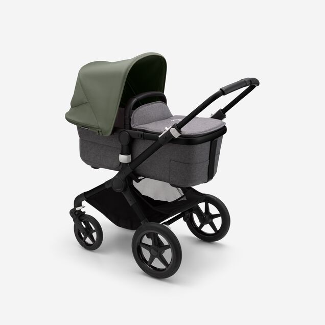 Bugaboo Fox 3 bassinet stroller with black frame, grey melange fabrics, and forest green sun canopy. - Main Image Slide 2 of 7