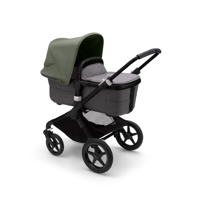 Bugaboo Fox 3 bassinet stroller with black frame, grey melange fabrics, and forest green sun canopy.
