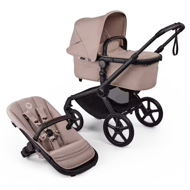 Bugaboo Fox 5 Renew carrycot and seat 2-in-1 pushchair, with black chassis, Desert Taupe Mélange fabrics, and Desert Taupe Mélange sun canopy. - Main Image Slide 1 of 12