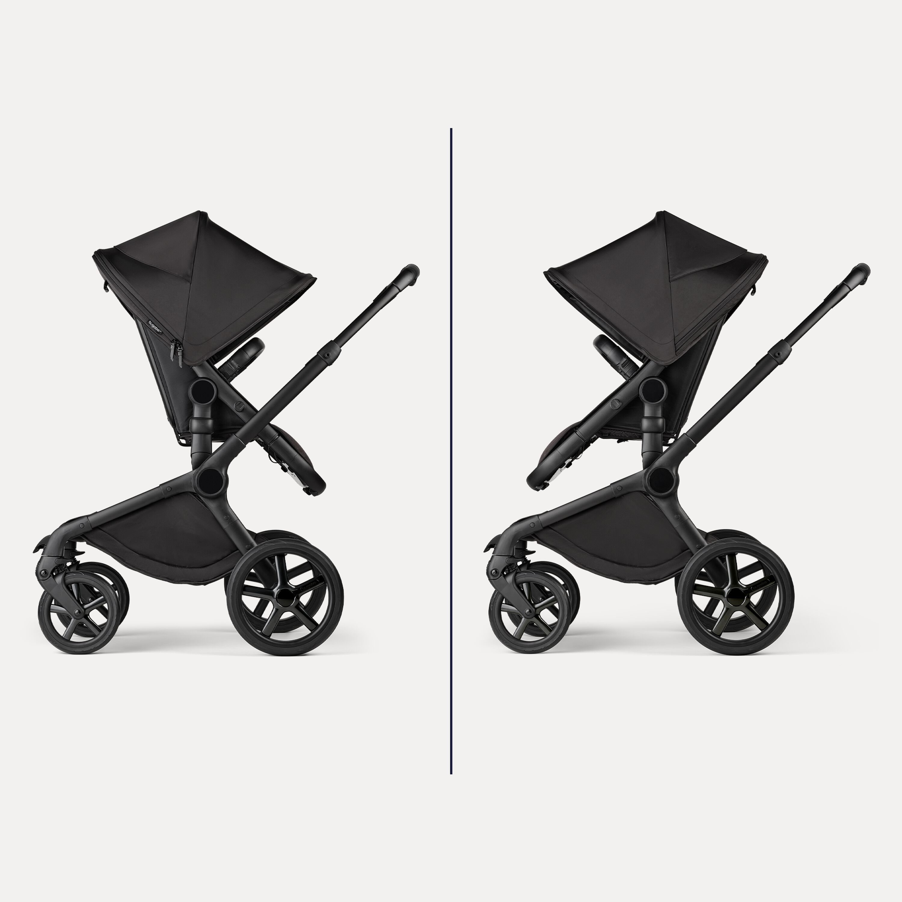 Two images showing the Bugaboo Fox 5 Noir Limited Edition stroller's reversible seat: facing parent and facing the world. - Main Modal Image Slide 8 of 15