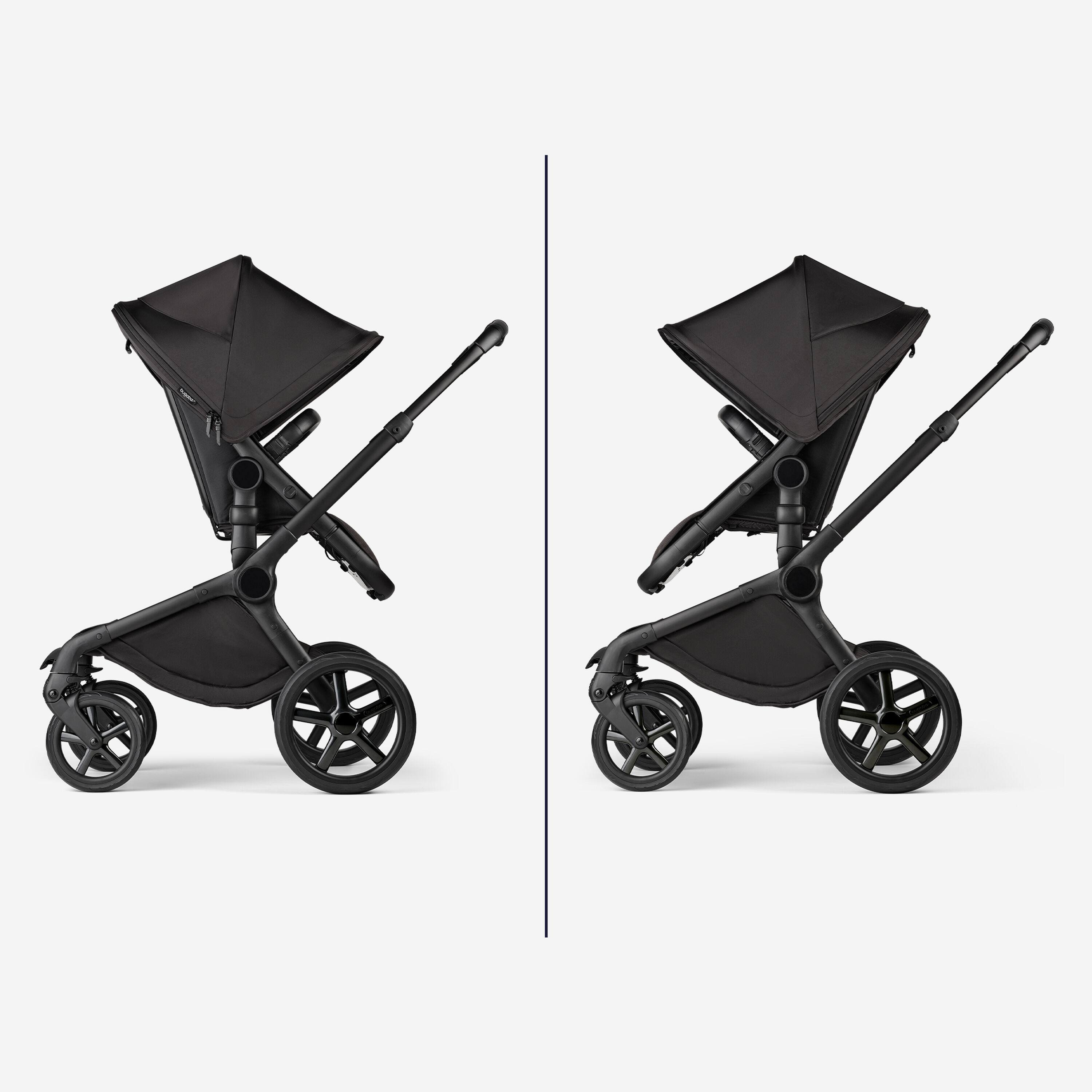 Zwei Bilder zeigen den drehbaren Sitz des Bugaboo Fox 5 Noir Kinderwagens in limitierter Auflage: auf die Eltern und nach vorne gerichtet. - Main Modal Image Slide 8 of 15