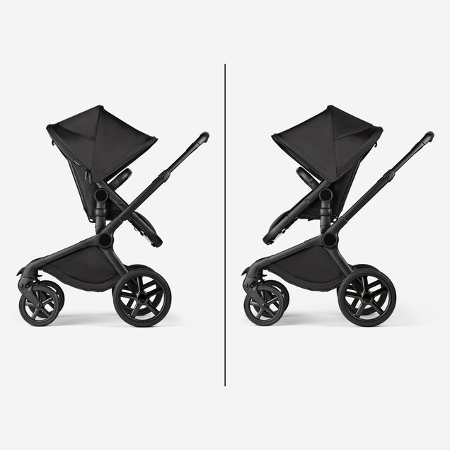 Zwei Bilder zeigen den drehbaren Sitz des Bugaboo Fox 5 Noir Kinderwagens in limitierter Auflage: auf die Eltern und nach vorne gerichtet. - Main Image Slide 8 of 15