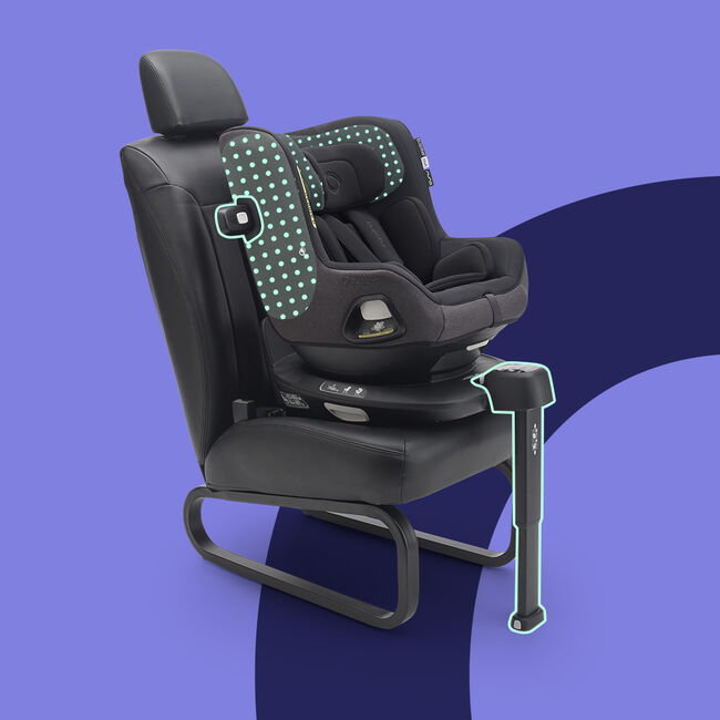 Bugaboo Owl by Nuna car seat on the 360 ISOFIX Base, with graphics highlighting protection zones in the headrest, side impact pod and stability leg. - Main Image Slide 5 of 15
