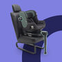 Bugaboo Owl by Nuna car seat on the 360 ISOFIX Base, with graphics highlighting protection zones in the headrest, side impact pod and stability leg. - Thumbnail Modal Image Slide 5 of 14