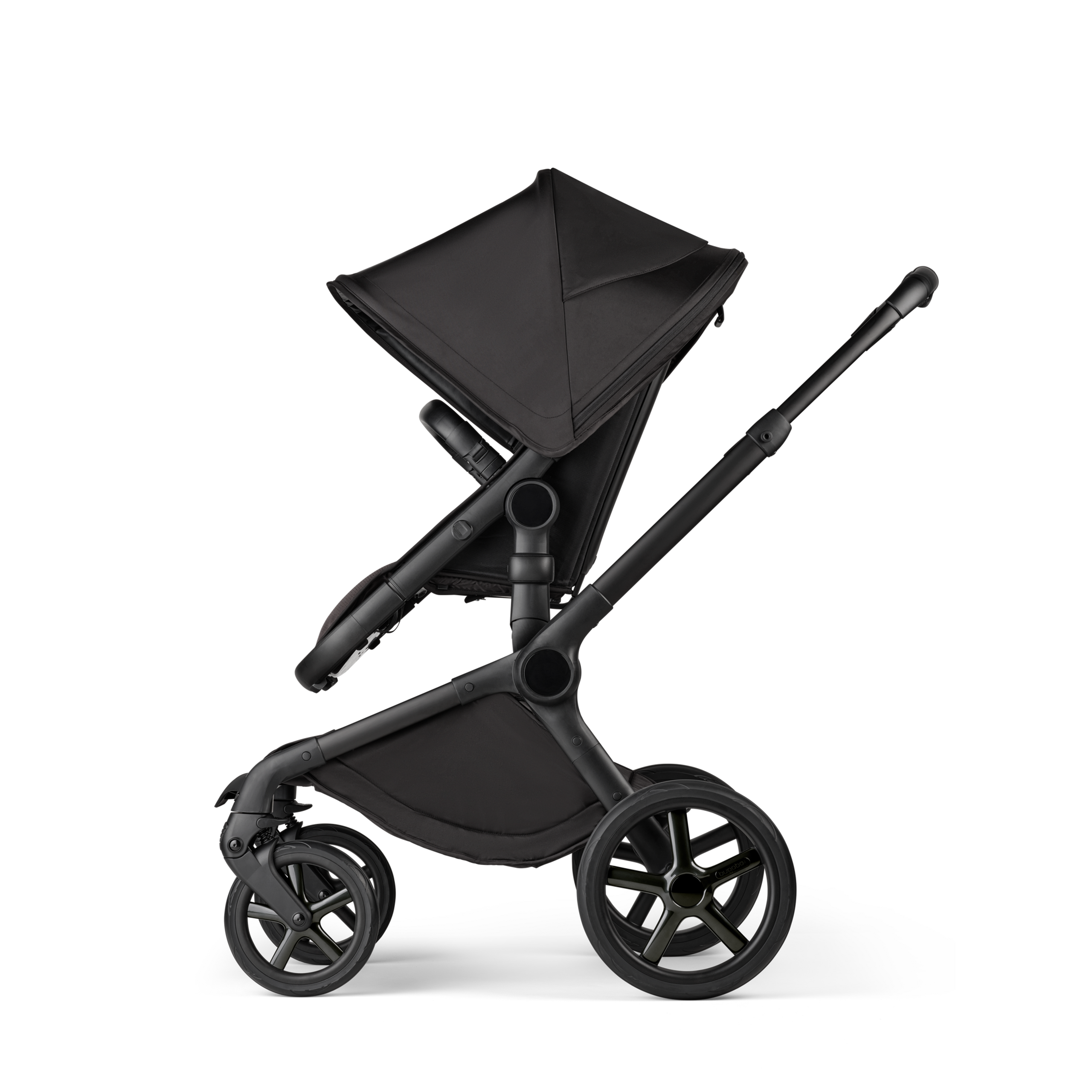 Side view of a Bugaboo Fox 5 Noir Limited Edition seat stroller in Black Moonlight colorway. - Thumbnail Slide 4 of 15