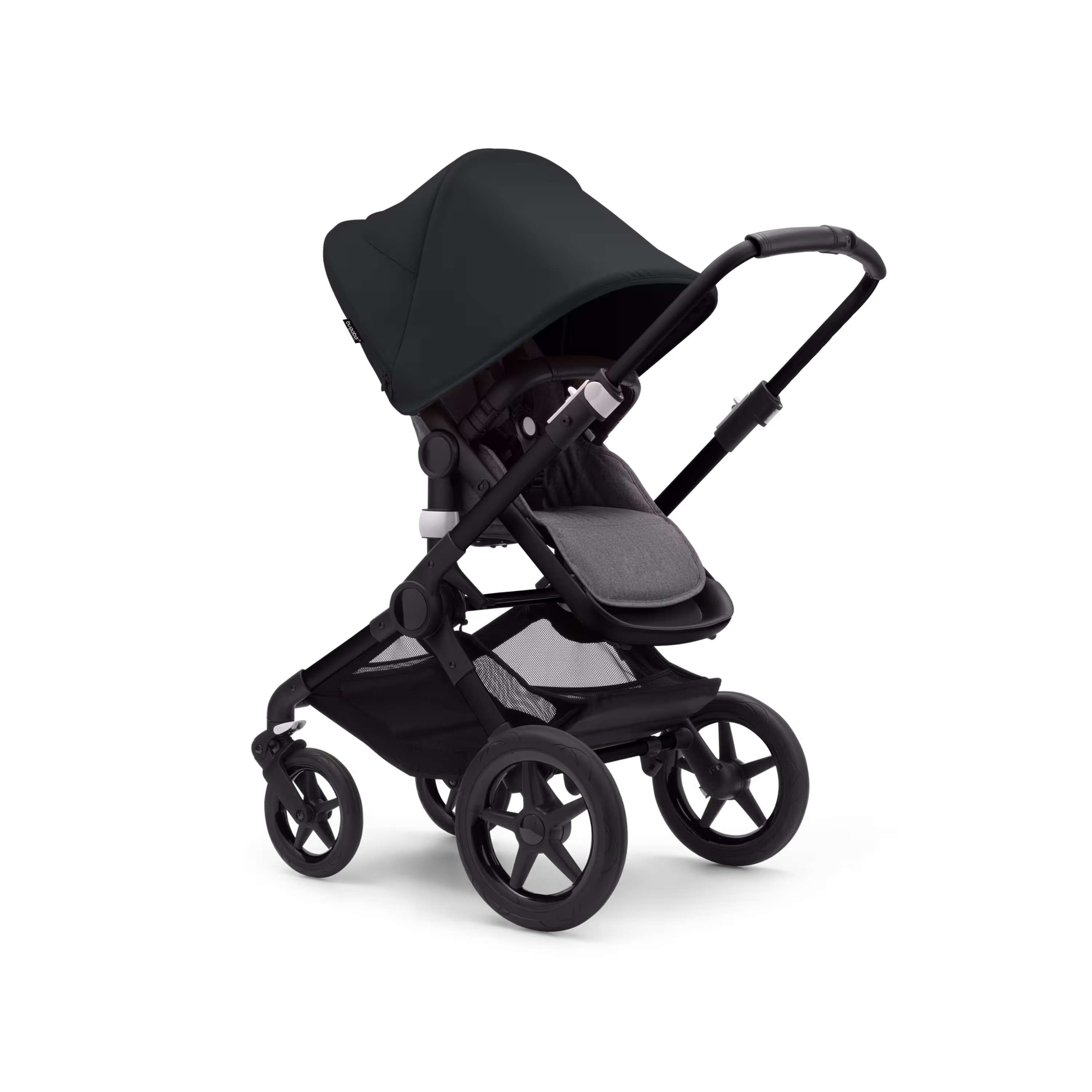 Bugaboo Fox 3 seat stroller with black frame, grey fabrics, and black sun canopy. - Main Modal Image Slide 7 of 7