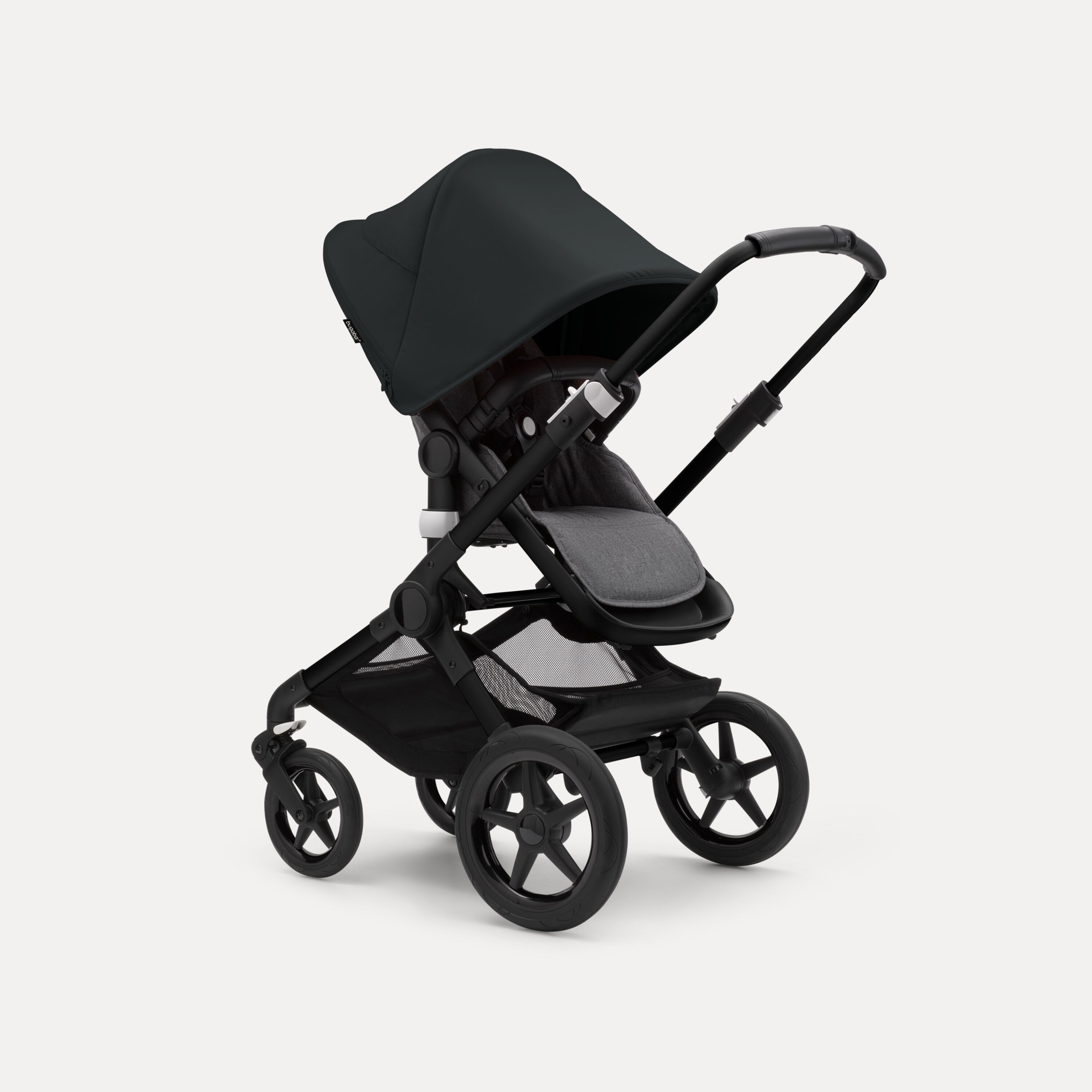 Bugaboo Fox 3 seat stroller with black frame, grey fabrics, and black sun canopy. - Main Modal Image Slide 7 of 7