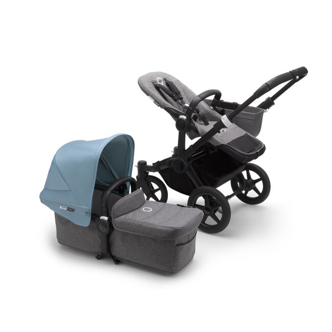 Bugaboo Donkey 3 Mono seat and bassinet stroller vapor blue sun canopy, grey melange fabrics, black base