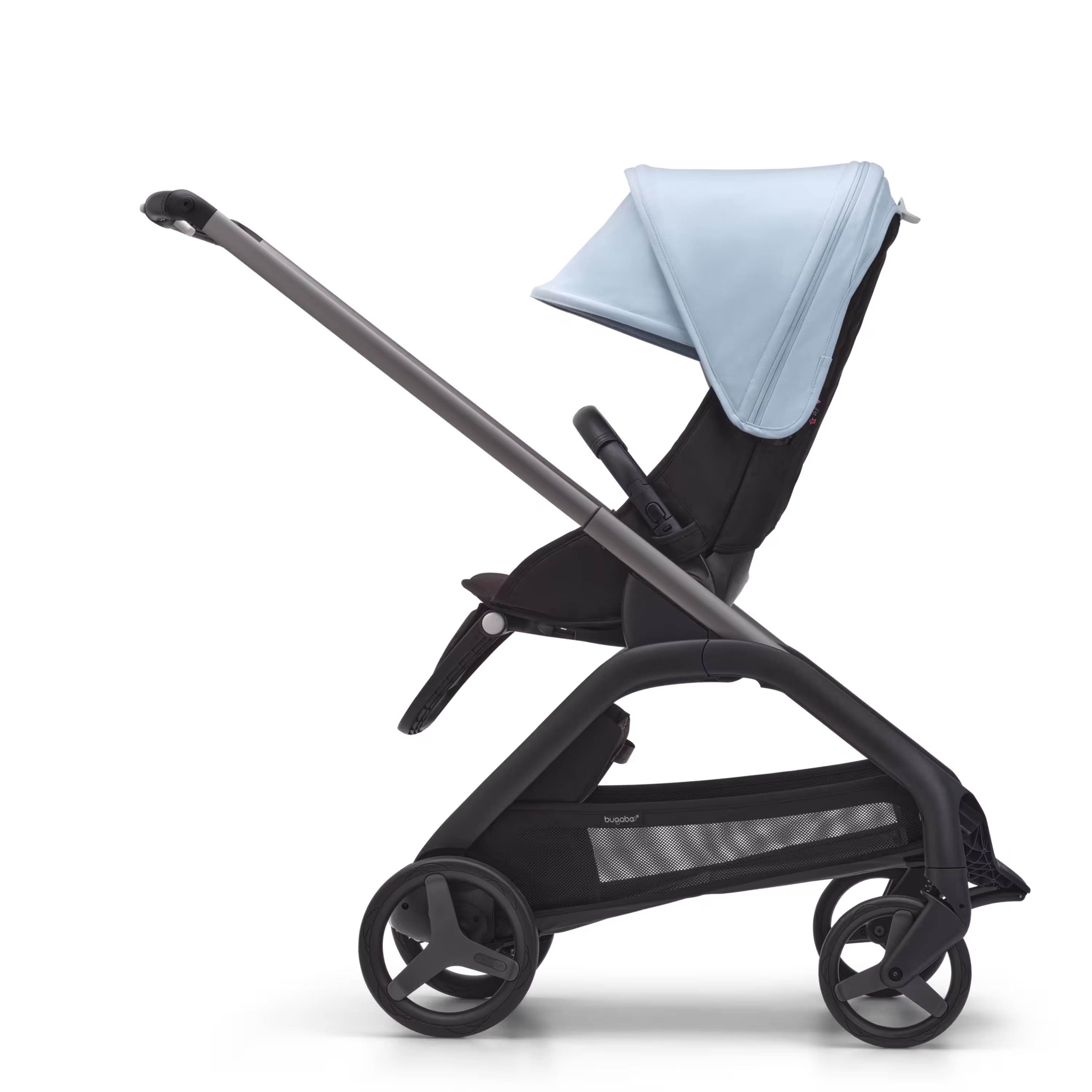 Side view of the Bugaboo Dragonfly seat stroller with graphite chassis, midnight black fabrics and skyline blue sun canopy. - Main Modal Image Slide 2 of 16