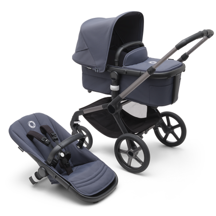 Bugaboo Fox 5 bassinet and seat stroller with graphite chassis, stormy blue fabrics and stormy blue sun canopy.