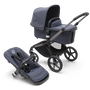 Bugaboo Fox 5 bassinet and seat stroller with graphite chassis, stormy blue fabrics and stormy blue sun canopy. - Thumbnail Modal Image Slide 1 of 16