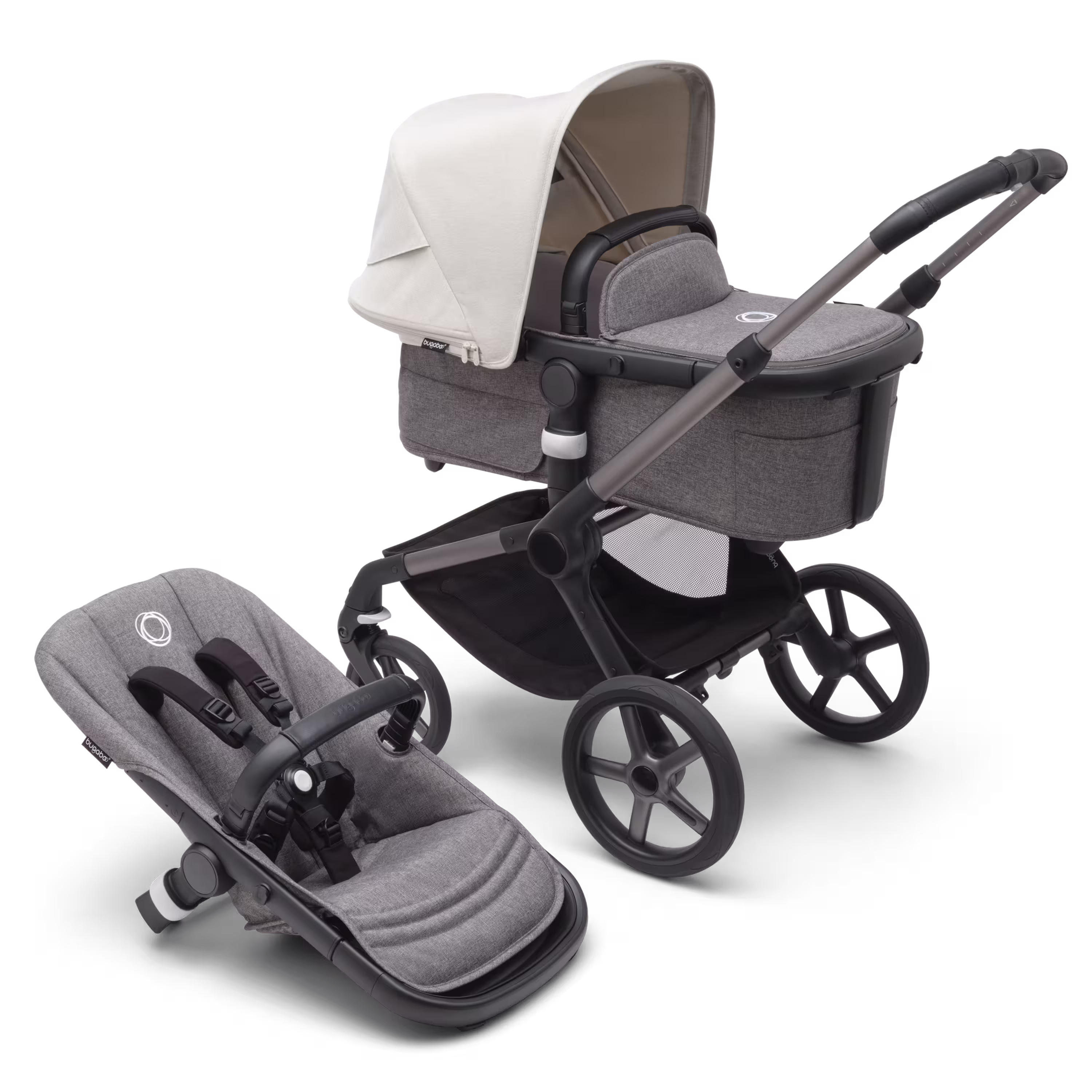 Bugaboo Fox 5 carrycot and seat pushchair with graphite chassis, grey melange fabrics and misty white sun canopy. - Main Modal Image Slide 1 of 13