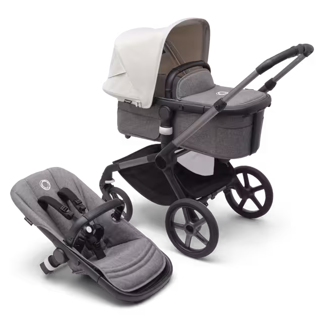 Bugaboo Fox 5 carrycot and seat pushchair with graphite chassis, grey melange fabrics and misty white sun canopy. - Main Image Slide 1 of 13