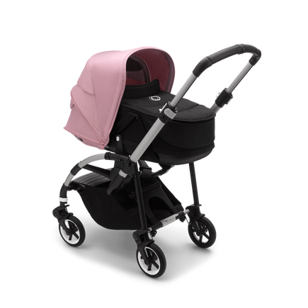 Bugaboo Bee 6 bassinet and seat stroller soft pink sun canopy, black fabrics, aluminium base