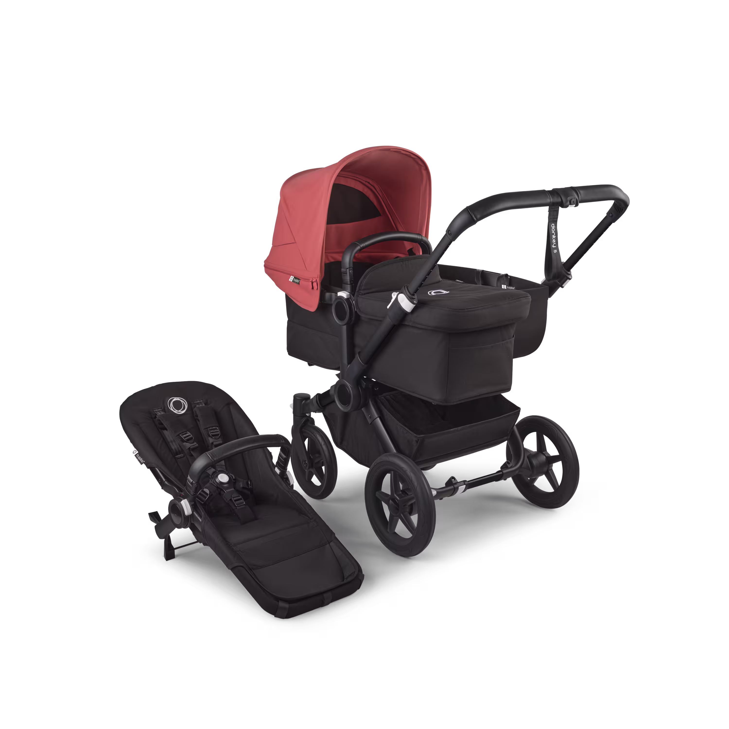 Refurbished Bugaboo Donkey 5 Mono bassinet and seat stroller black base, midnight black fabrics, sunrise red sun canopy - Main Modal Image Slide 1 of 10