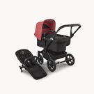 Refurbished Bugaboo Donkey 5 Mono bassinet and seat stroller black base, midnight black fabrics, sunrise red sun canopy