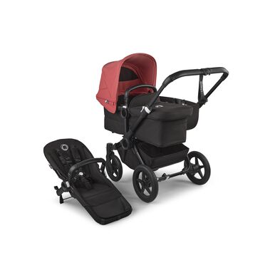 Refurbished Bugaboo Donkey 5 Mono bassinet and seat stroller black base, midnight black fabrics, sunrise red sun canopy