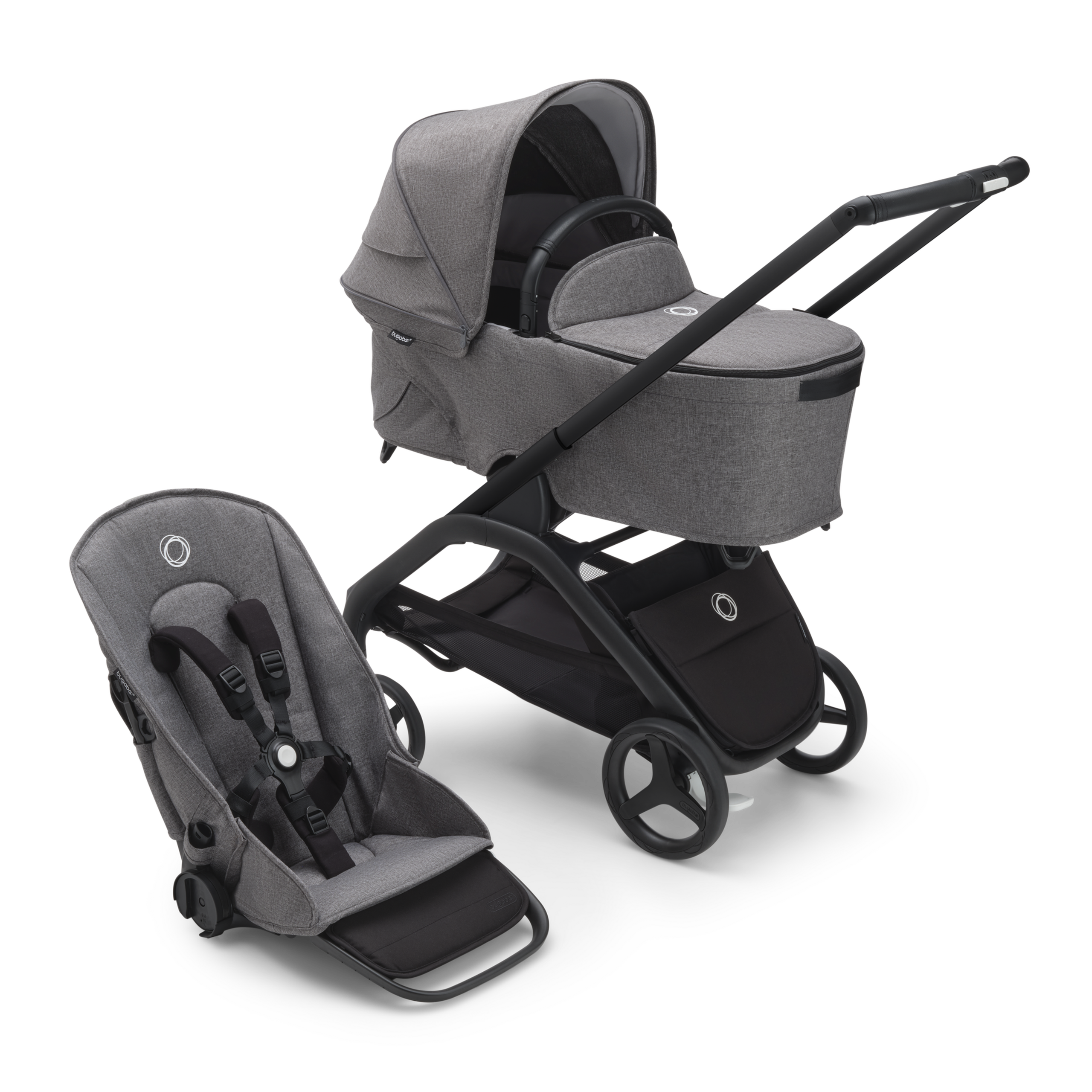 Bugaboo Dragonfly bassinet and seat stroller with black chassis, grey melange fabrics and grey melange sun canopy. - Thumbnail Slide 2 of 5