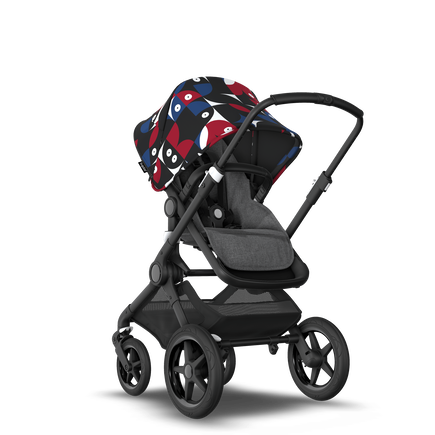 Bugaboo Fox 3 bassinet and seat stroller black base, grey melange fabrics, animal explorer red/blue sun canopy