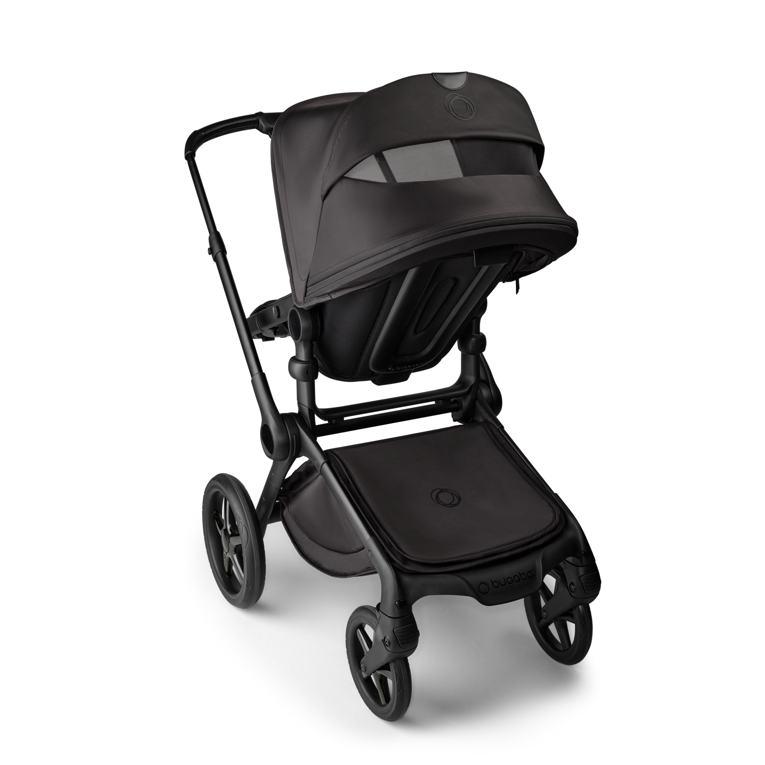 Back view of the Bugaboo Fox 5 Noir Limited Edition stroller in Black Moonlight, with the sun canopy's peek-a-boo panel visible. - Thumbnail Slide 5 of 15