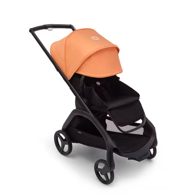 Poussette Bugaboo Dragonfly avec siège, châssis noir, housse nuit noire et capote corail des îles. La capote est intégralement déployée. - Main Image Slide 3 of 16