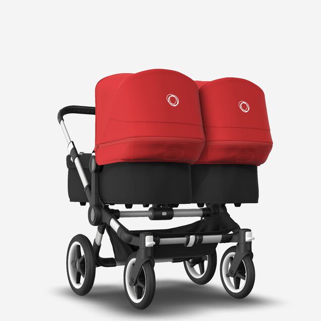 Bugaboo Donkey 3 Twin seat and bassinet stroller red sun canopy, black fabrics, aluminium base - Main Image Slide 1 of 9