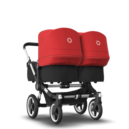 Bugaboo Donkey 3 Twin seat and bassinet stroller red sun canopy, black fabrics, aluminium base - view 1