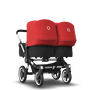 Bugaboo Donkey 3 Twin seat and bassinet stroller red sun canopy, black fabrics, aluminium base - Thumbnail Slide 1 van 9