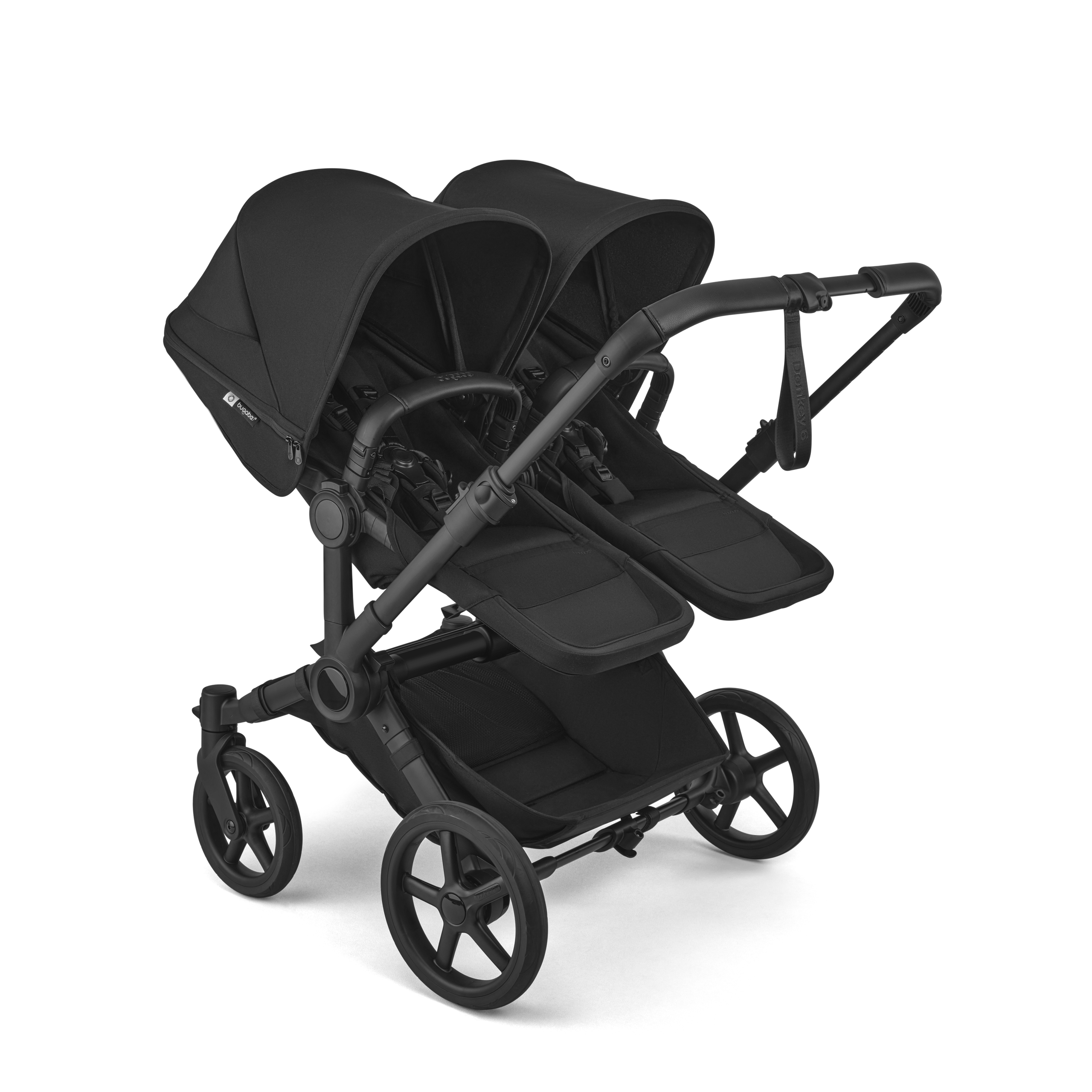 Bugaboo Donkey 6 twin stroller black base, heritage black fabrics, heritage black sun canopy view 2 - Thumbnail Slide 2 of 9