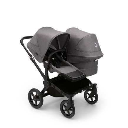 Bugaboo Donkey 5 Duo seat and bassinet stroller with black chassis, grey melange fabrics and grey melange sun canopy.